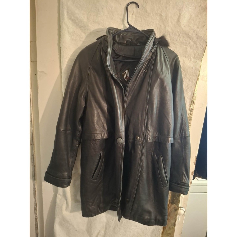 Tiboa Women's Vintage XS Black Leather Button Up Jacket With Zip-In Lining